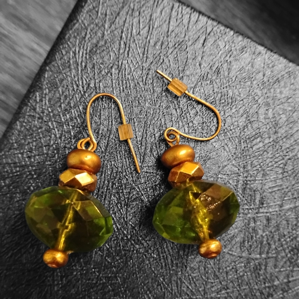 VINTAGE Olive Green Crystal Drop Earrings | Bold Faceted Glass Statement Dangles